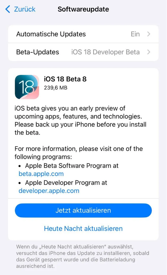 长春苹果手机维修分享苹果 iOS / iPadOS 18 开发者预览版 Beta 8 发布 